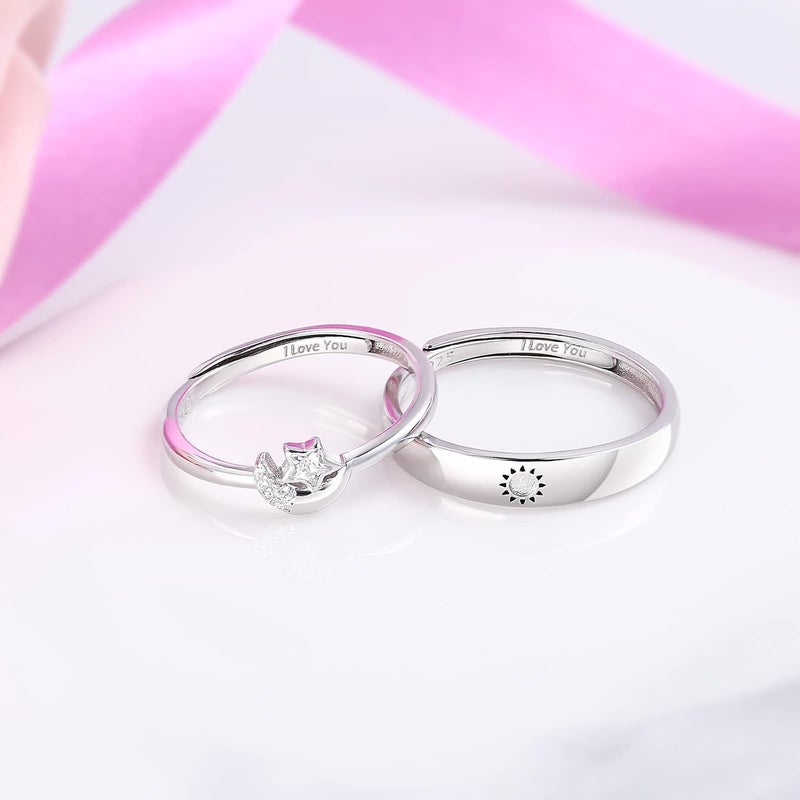 Beydodo خواتم فضة 925 قابلة للتعديل مزينة بالشمس والقمر خواتم متطابقة محفورة أحبك خواتم زفاف للزوجين - Image 5